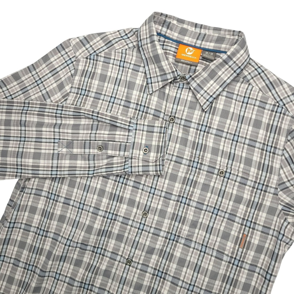 Merrell Shirt Mens M Gray Plaid Long Sleeve Button Up Hiking Outdoor Travel